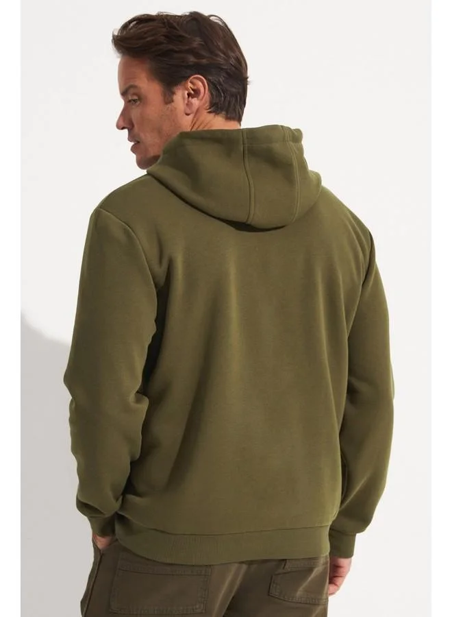 جون June Men Regular Fit Kangaroo Pocket Hooded Embroidered Sweatshirt Khaki