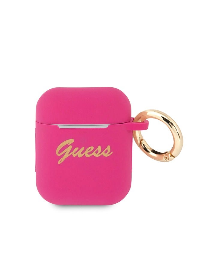 GUESS Silicone Printed Script Case with Ring for Airpods 1/2 - Fushia - Image 1