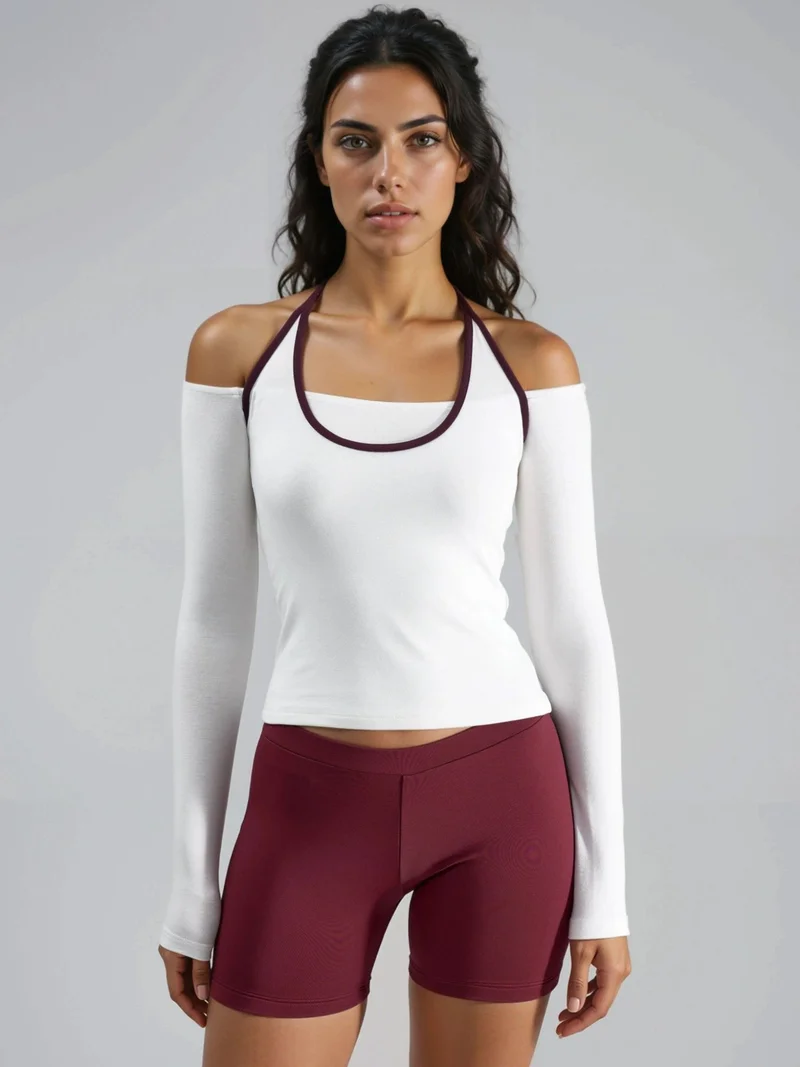 Busem BUSEM Slim Fit Knitted Blouse with U Collar and Contrast Binding