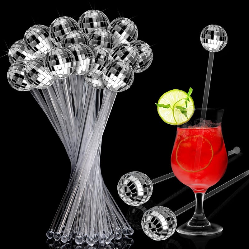 Sawysine Sawysine 48 Pcs Disco Balls Cocktail Stirrers Plastic Round Top Swizzle Sticks Mirror Disco Ball Stir Sticks Decorative Straws Drink Stirrers for 1970s Party Home Bar Coffee Shop UseClear 