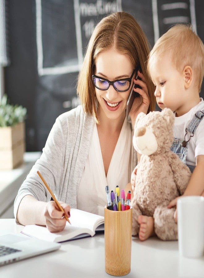 Zhehao 6 Pcs Bamboo Pen Holder Solid Wood Desk Pen Pencil Holder Stand Wooden Pencil Organizer for Desk Multi Purpose Use Cylindrical Cup Organizer for Home School Office Supplies - Image 3