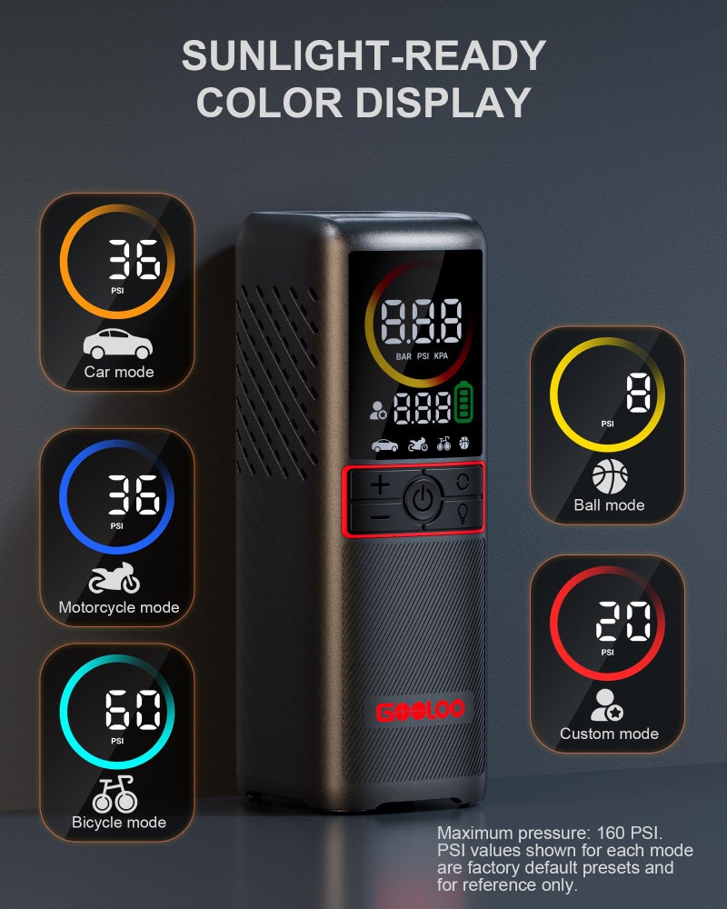 GOOLOO GT160 Tire Inflator Portable Air Compressor, 4X Faster 160PSI Portable Air Pump for Car Tires, Cordless Tire Pump with Digital Pressure Gauge for Cars, Bikes, Balls, Motorcycles,Auto-Shutoff - Image 4