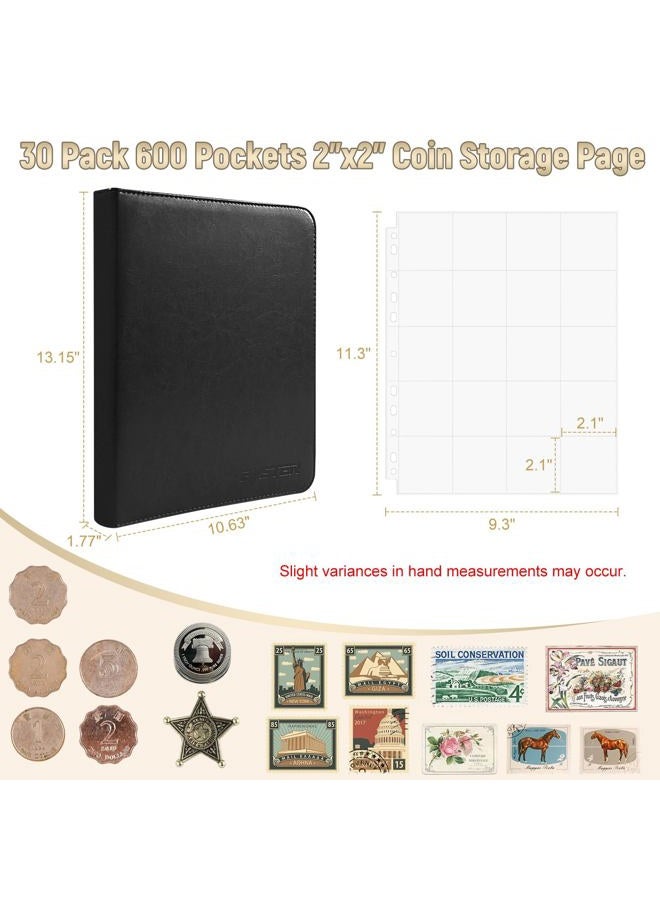 BYSTER Coin Collection Book, 30 Pack 600 Pockets Coin Sleeves, Coin Collection Holder Album, Coin Collection Organizer Storage Box Case (Coin Flips Not Included), Black - Image 2