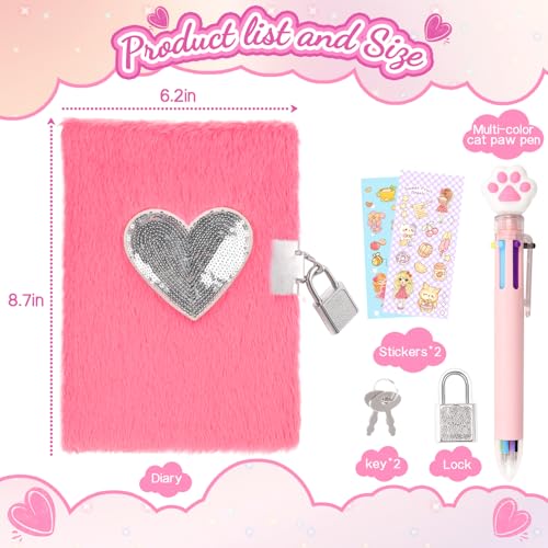PrinBarBee Heart Diary with Lock, Gift for 8 9 10 Year Old Girl, Secret Diary Journal Notebook with Multicolored Pen, Stickers, Practical Gift for Birthday Easter - Image 4