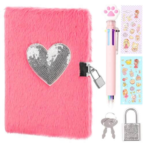 PrinBarBee Heart Diary with Lock, Gift for 8 9 10 Year Old Girl, Secret Diary Journal Notebook with Multicolored Pen, Stickers, Practical Gift for Birthday Easter - Image 1