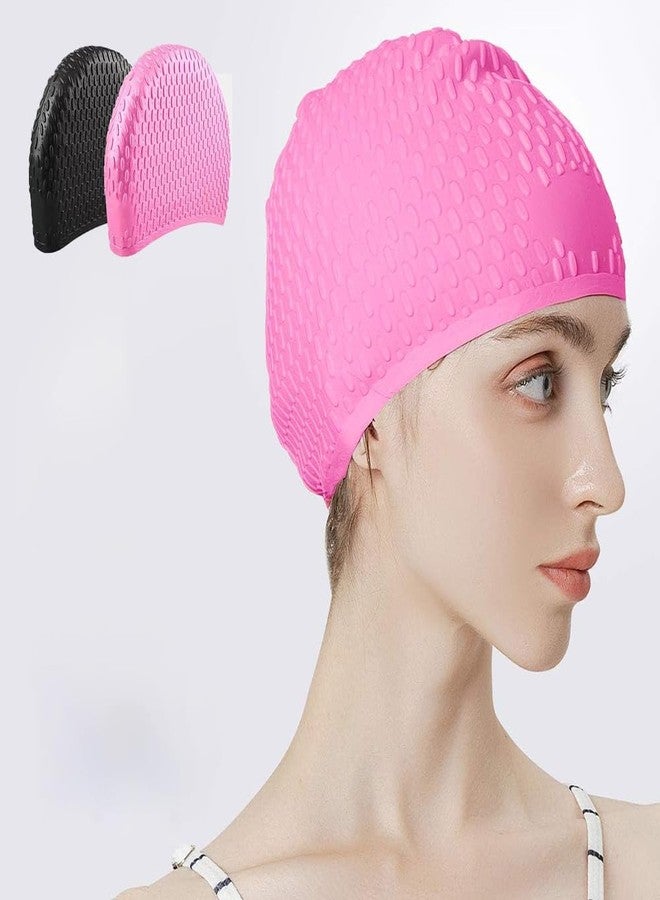 Peziang 2 Packs Comfortable Silicone Swim Cap for Long Hair, Durable Bathing Swimming Cap for Unisex Adults Men Women Kids Boys Girls, Designed for Curly Short Medium Long Hair （Pink + Black） - Image 1