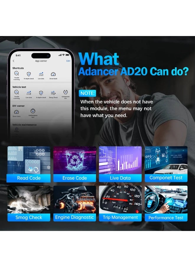 XTOOL - XTOOL Advancer AD20 Car OBD2 Scanner Code Reader Diagnostic Tool for iPhone Android Check Engine Light Smog Check Full OBD2 Test - Image 1