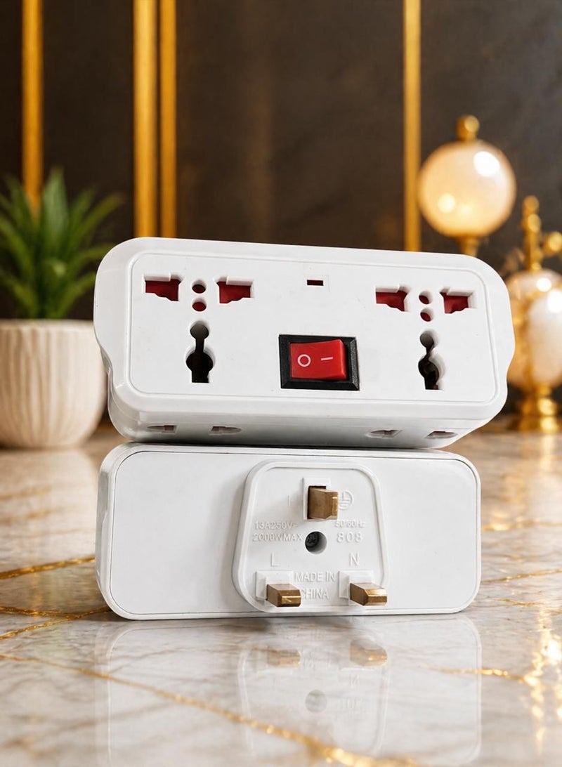 BKMax Universal Electrical 4 Way Power Adapter with Indicator Light UK Plug – 4 Outlet (2 UK 2 EU) Travel Multi-Purpose 3 Pin AC Power Extension Plug Socket Splitter Mains Wall Adaptor for KSA/UAE/EU/UK/US (White) - Image 1