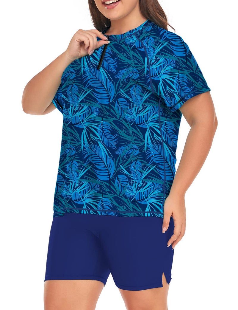 بدلة سباحة نسائية بلس سايز 2 قطعة مع قميص واقي من الشمس بأكمام قصيرة وشورتات بوي  UPF 50 لركوب الأمواج 1X 2X 3X 4X 5X 6X