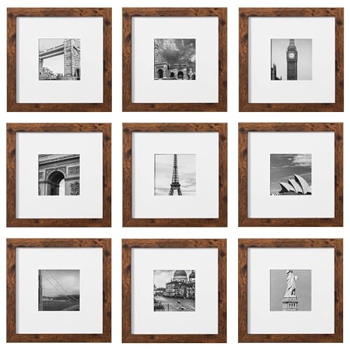 eletecpro 8x8 Picture Frames Set of 9 Classic Gallery Wall Frame Set Displays 4x4 Photo with Mat or 8x8 without Mat, Square Picture Frames Collage Wall Decor, Rustic Brown Modern Home Decor for - Image 1