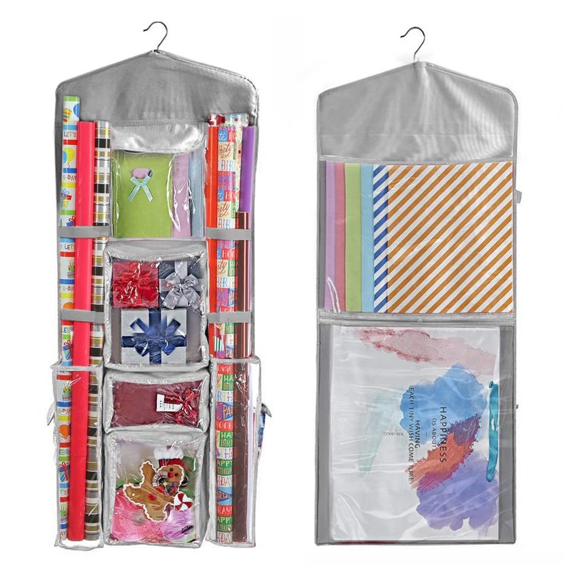 Primode Wrapping Paper Storage Hanging Over the Door Wrapping Paper Organizer Store Gift Wrap Gift Bags Ribbon Bows and Accessories 40x17 Fits Long 40 Inch Rolls Double Sided Clear PVC Bag Gray