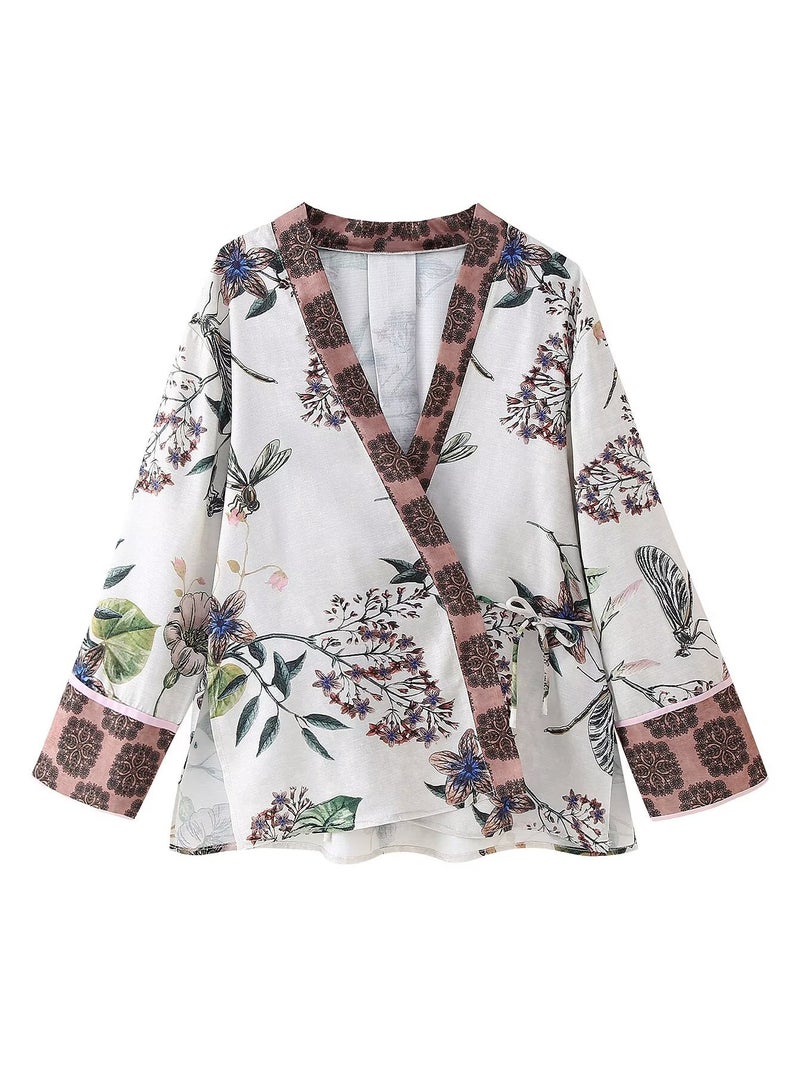 New Women'S Clothing Zr Flower Printed Kimono Top Flower Pants Suit - Image 2