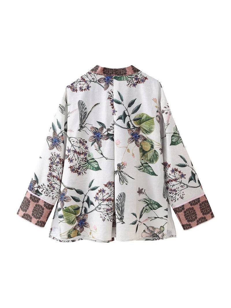 New Women'S Clothing Zr Flower Printed Kimono Top Flower Pants Suit - Image 3