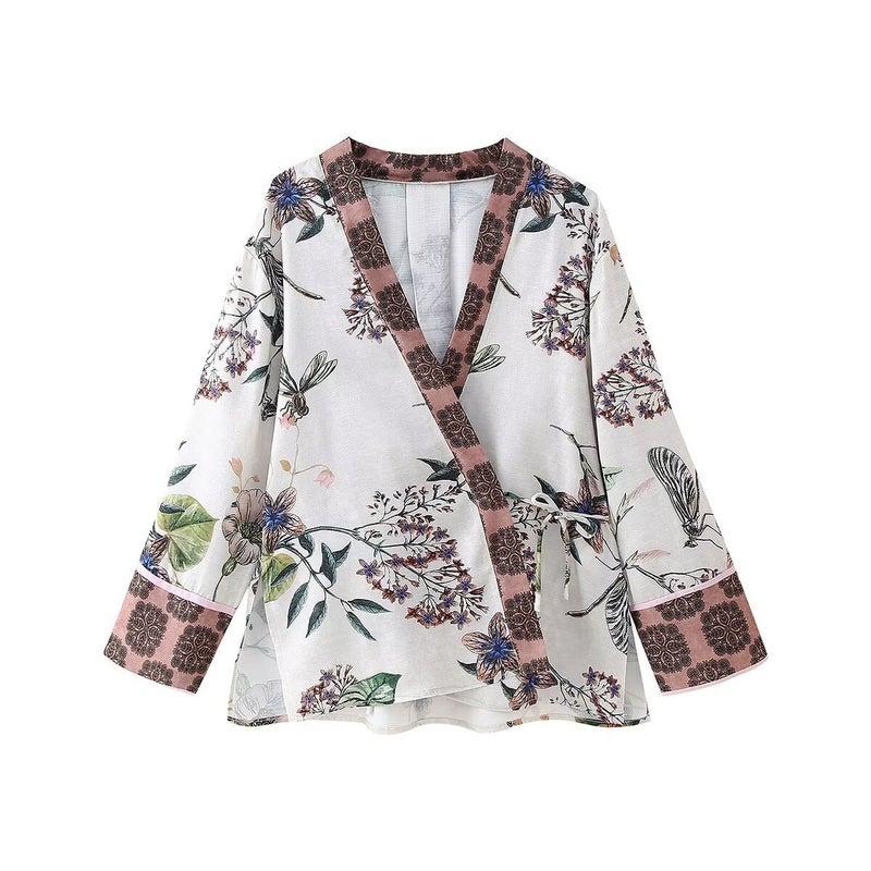 New Women'S Clothing Zr Flower Printed Kimono Top Flower Pants Suit - Image 1