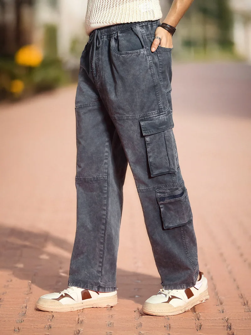 Urbano Fashion Men's Grey Loose Baggy Fit Travel Cargo Jeans with 8 Pockets Stretchable