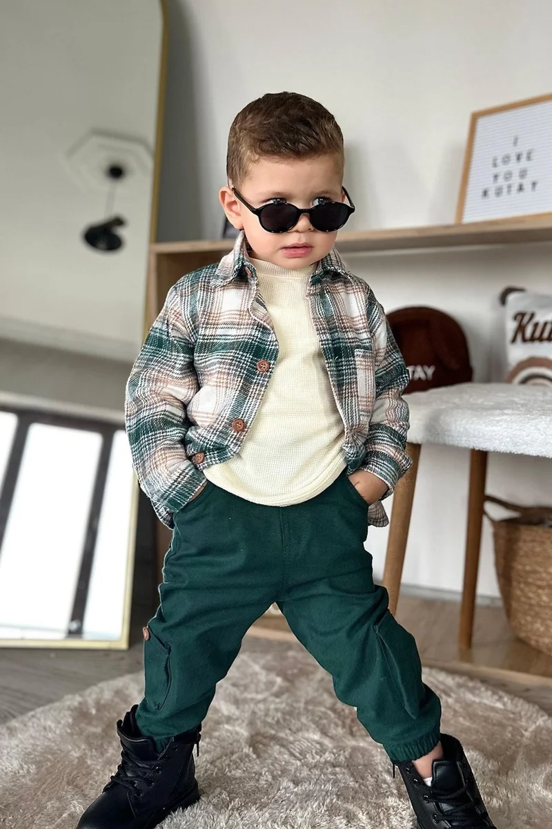 مينيمن جيجيليري My Little Ones Plaid Shirt 3 Piece Baby Boy Set - Green