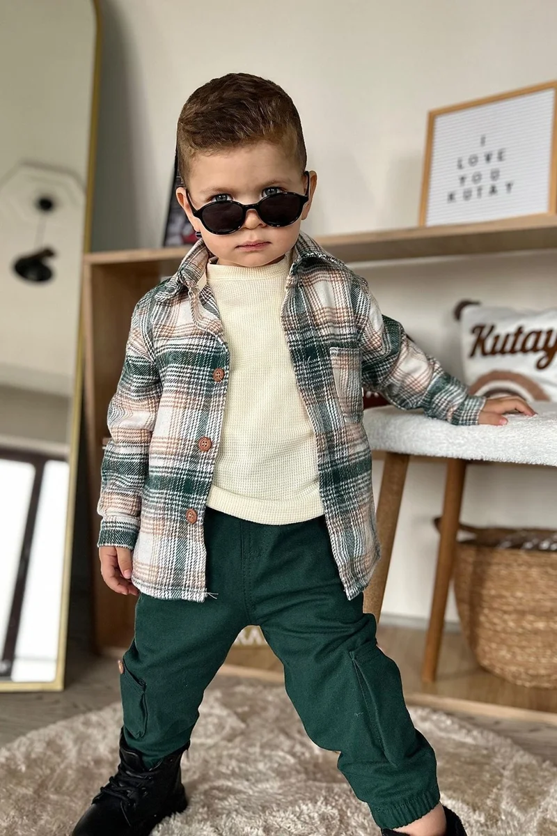 مينيمن جيجيليري My Little Ones Plaid Shirt 3 Piece Baby Boy Set - Green