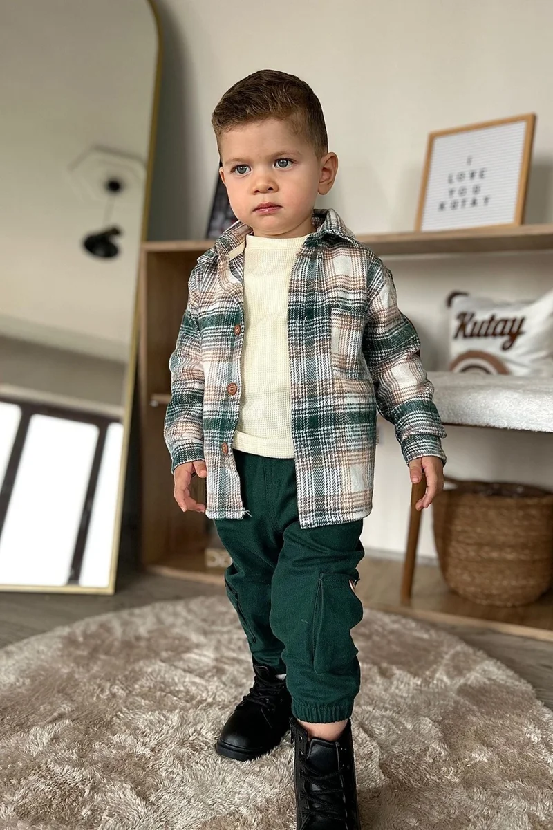 مينيمن جيجيليري My Little Ones Plaid Shirt 3 Piece Baby Boy Set - Green