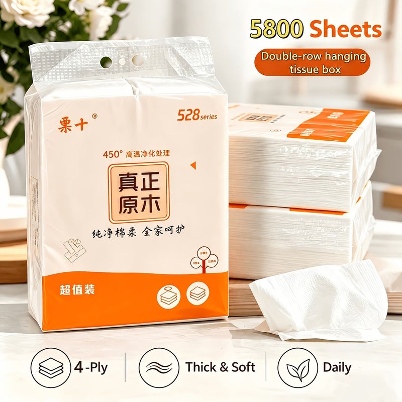 1 Pack Individually Wrapped 5800 Sheets Double Row Hanging Bottom Tissue 4 Layers Thick Virgin Wood Pulp for Facial Cleaning Household Toilet Paper and Kitchen Napkins - Image 2