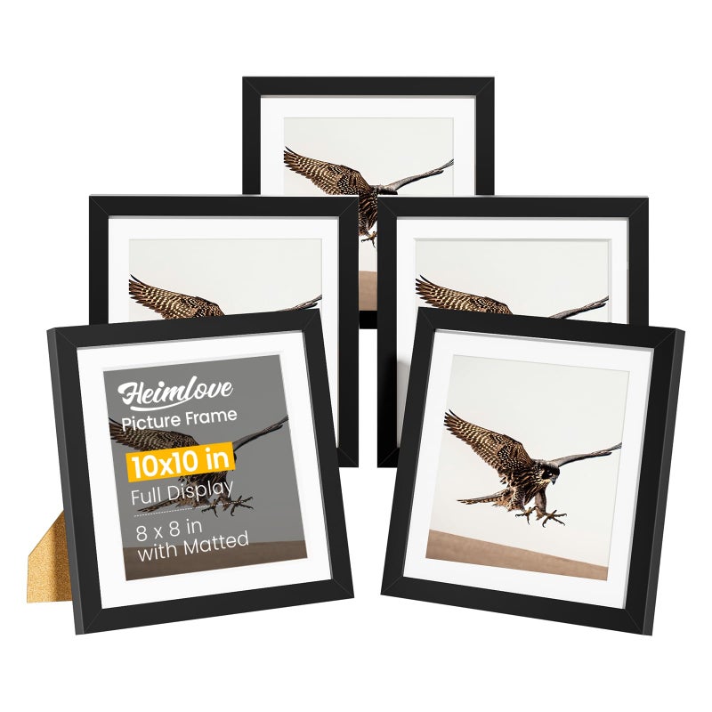 Heimlove 10x10 إطارات الصور مع حصيرة لعرض مجموعة صور 8 × 8 من 5 إطار صور بلاستيكي سوداء للحصول على شهادة دبلوم الملصق ووثائق مع مجموعة إطار معرض المعرض - Image 1