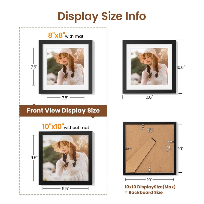 Heimlove 10x10 إطارات الصور مع حصيرة لعرض مجموعة صور 8 × 8 من 5 إطار صور بلاستيكي سوداء للحصول على شهادة دبلوم الملصق ووثائق مع مجموعة إطار معرض المعرض - Image 4