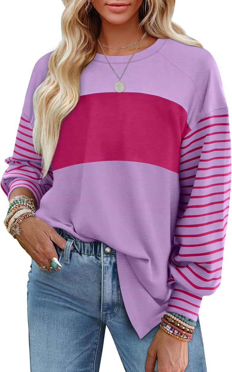 2024 Women'S Pullover Round Neck Casual Striped Contrast Color Long Sleeve T-Shirt For Women - Image 1