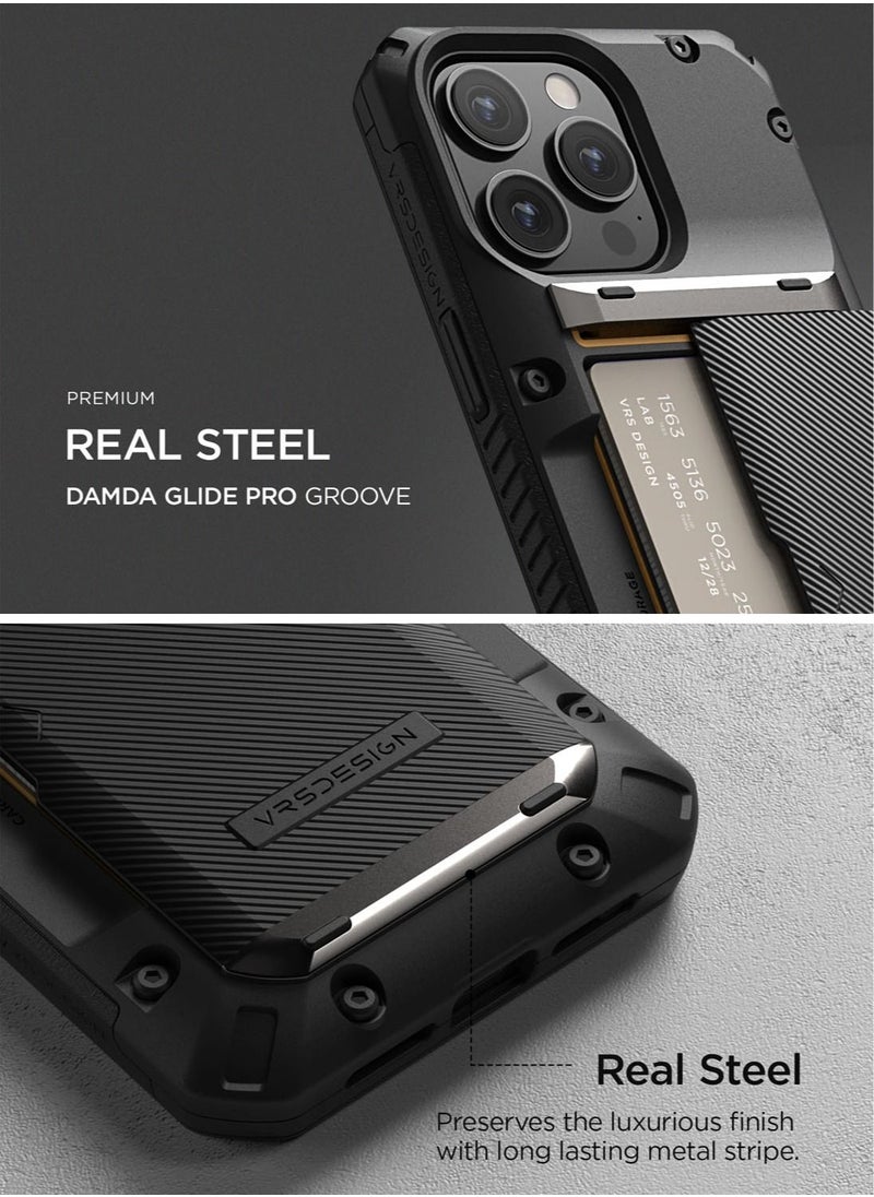 VRS Design - Damda Glide Pro iPhone 14 Plus Case Cover Wallet with Semi Automatic Credit Card Holder Slot (3-4 Cards) - Black Groove - Image 1