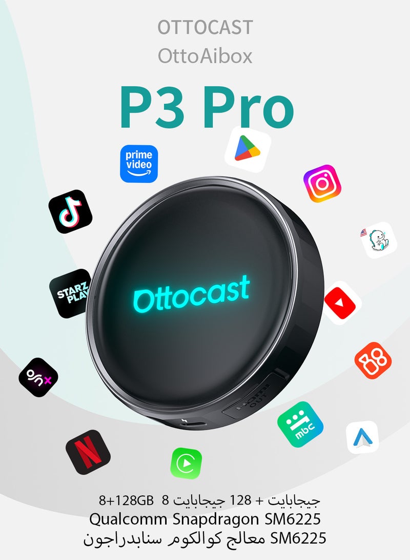 OTTOCAST P3 Pro AI Box YouTube, Netflix, Tiktok, Google Play, 8+128GB, Wireless CarPlay & Android Auto, AI Assistant, Cloud SIM, Split Screen, HDMI Output - Image 1