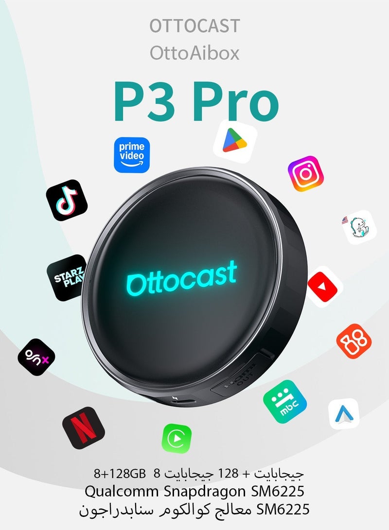 OTTOCAST P3 Pro AI Box YouTube, Netflix, Tiktok, Google Play, 8+128GB, Wireless CarPlay & Android Auto, CarPlay TV BOX, AI Assistant, HDMI Output, Split Screen, Supports Cloud SIM / SIM Card microSD Card - Image 1