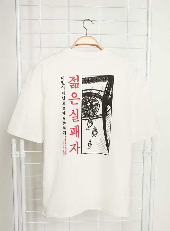 trendyol Ecru Oversize 100% Cotton Anime Printed T-Shirt - Image 2