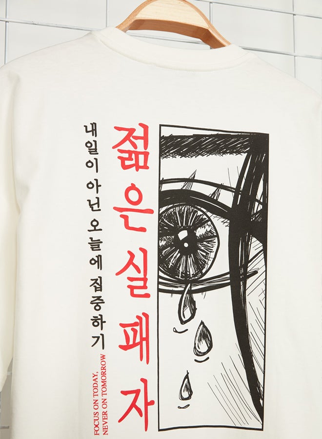 trendyol Ecru Oversize 100% Cotton Anime Printed T-Shirt - Image 4