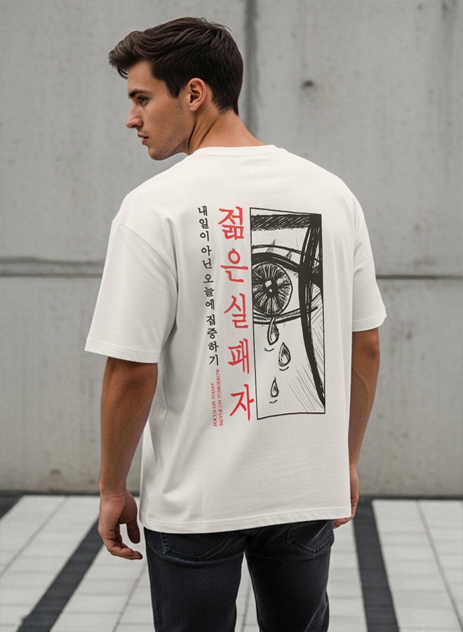 trendyol Ecru Oversize 100% Cotton Anime Printed T-Shirt - Image 1