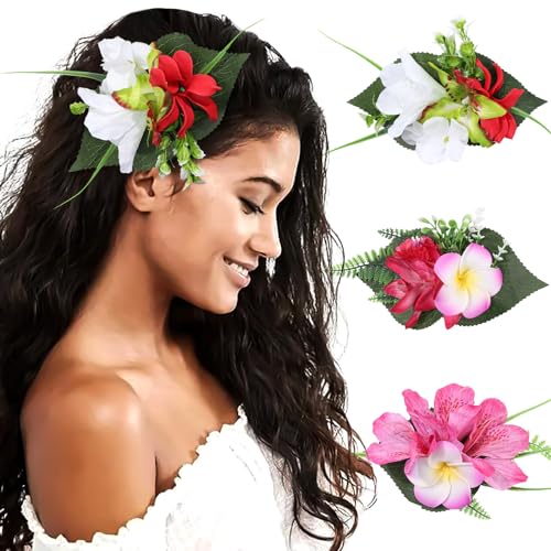 HAIMEIKANG Hair Clip, 3 Pieces Hawaiian Flower Hair Pins - Artificial Tropical Flower Hair Clips Large Hair Flowers for Women, Wedding Hair Piece (Red+Rose Red#1+Rose Red#2) - Image 1