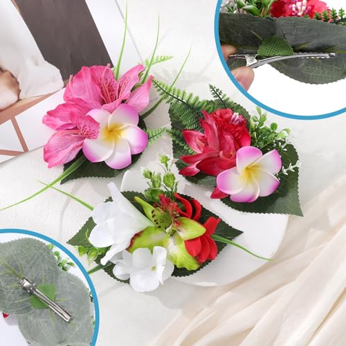 HAIMEIKANG Hair Clip, 3 Pieces Hawaiian Flower Hair Pins - Artificial Tropical Flower Hair Clips Large Hair Flowers for Women, Wedding Hair Piece (Red+Rose Red#1+Rose Red#2) - Image 4