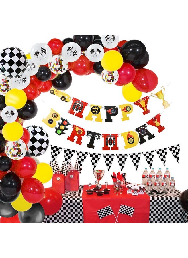 Bluegogo - 124 Pcs Race Car Birthday Party Supplies, Race Car Balloon Garland Kit With Racetrack Checked Flags Happy Birthday Banner Black And White Pennant Banner For Race Car Party Decorations - Image 1