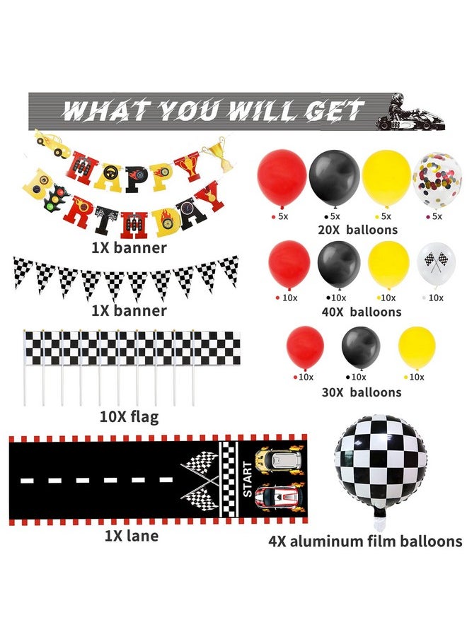 Bluegogo - 124 Pcs Race Car Birthday Party Supplies, Race Car Balloon Garland Kit With Racetrack Checked Flags Happy Birthday Banner Black And White Pennant Banner For Race Car Party Decorations - Image 1