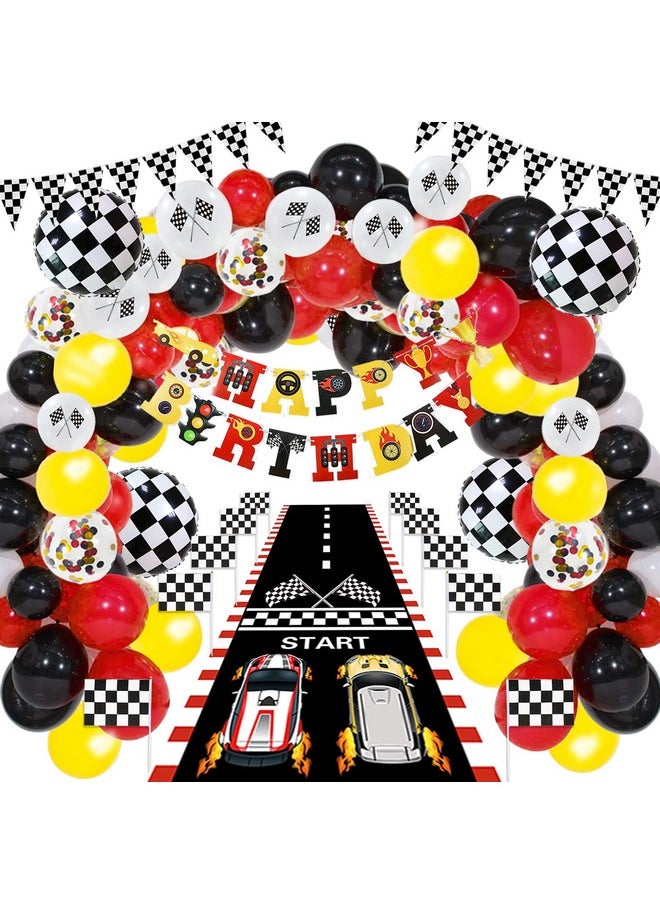 Bluegogo - 124 Pcs Race Car Birthday Party Supplies, Race Car Balloon Garland Kit With Racetrack Checked Flags Happy Birthday Banner Black And White Pennant Banner For Race Car Party Decorations - Image 1