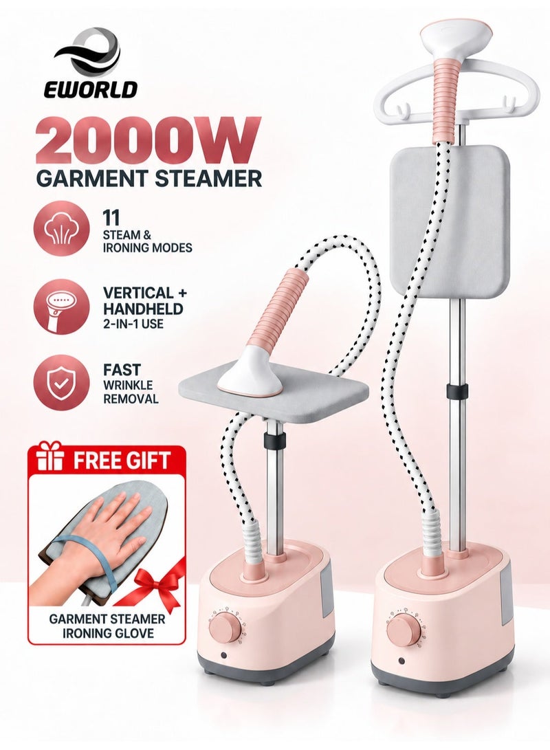 Eworld 2000W Garment Steamer Vertical & Handheld for Home Use, 1.7L Large Water Tank, 11 Steam Iron Modes, Smart Temperature Control, 3-Level Adjustable Height, 180° Flat Ironing, Fast Wrinkle Removal - Image 1