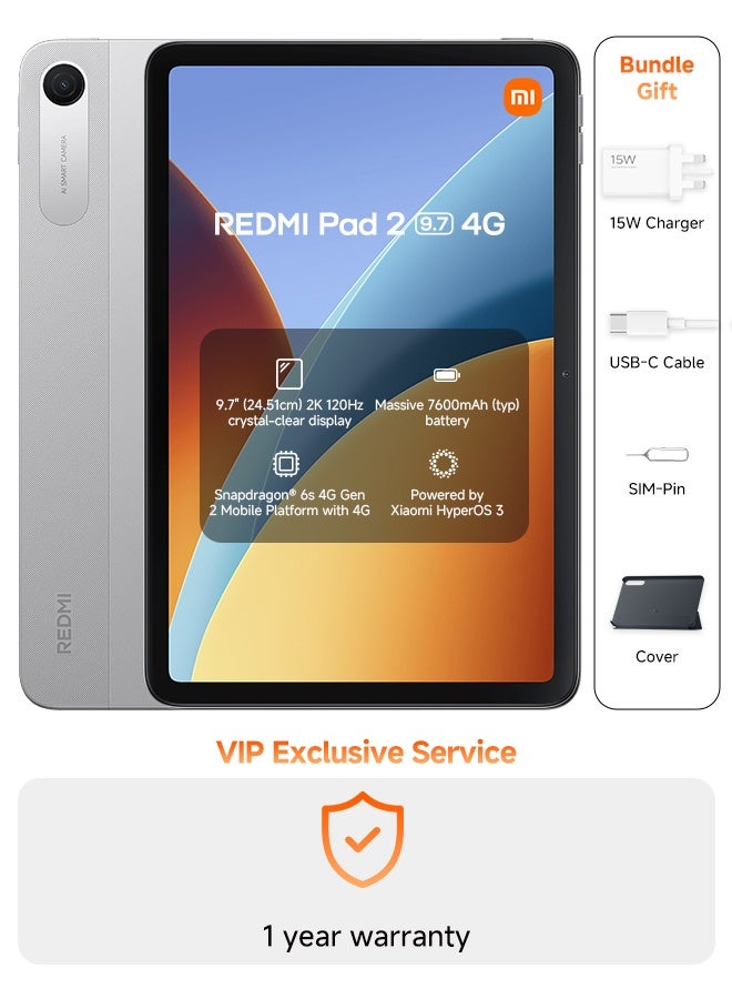 شاومي REDMI Pad 2 9.7-inch Tablet Silver 4GB RAM 128GB 4G With Cover- Middle East Version - Image 1