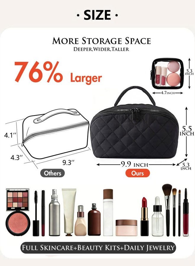 MINGRI Petition Makeup Bag for Travel,Women Cosmetic Bag Quilted Puffer Large Capacity 2Pcs Toiletry Bag Spacious 180°Open Valentine's Day Gift for Toiletries & Brushes with Compartments, Black - Image 3