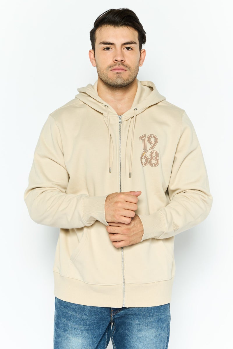 ESPRIT سويت شيرت طويل الأكمام مع غطاء رأس للرجال بطباعة جرافيك، بيج - Image 1