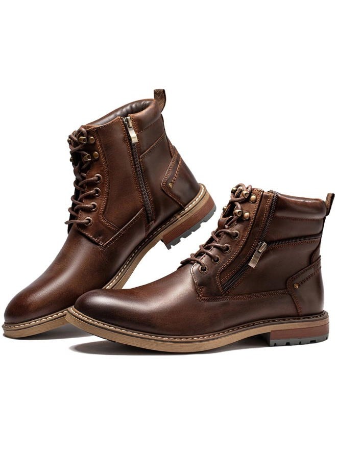 Arkbird Mens Casual Boots Genuine Leather Motorcycle Combat Chukka Zipper Ankle Dress Boot for Men, Matte Coffee, 12 - Image 1