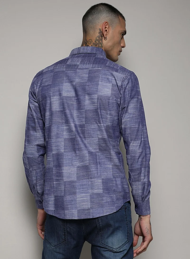 Campus Sutra Men's Steel Blue Heathered Denim Check Shirt | قميص بأكمام طويلة | مربعات | غير رسمي | طوق منتشر