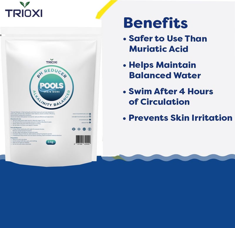 TRIOXI pH Reducer for Pools & Spas – Sodium Bisulfate – Lowers pH & Alkalinity – Prevents Scale Build-Up – Fast-Dissolving Water Balancer for Hot Tubs & Swimming Pools - (1kg) - Image 5
