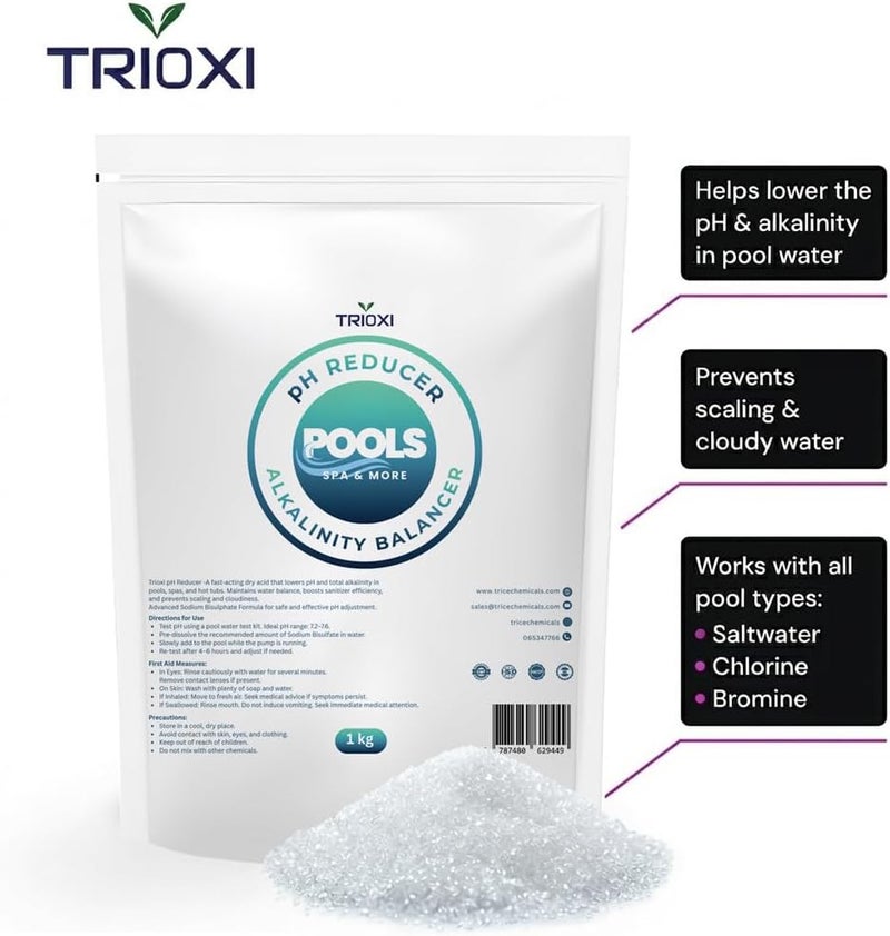 TRIOXI pH Reducer for Pools & Spas – Sodium Bisulfate – Lowers pH & Alkalinity – Prevents Scale Build-Up – Fast-Dissolving Water Balancer for Hot Tubs & Swimming Pools - (1kg) - Image 3