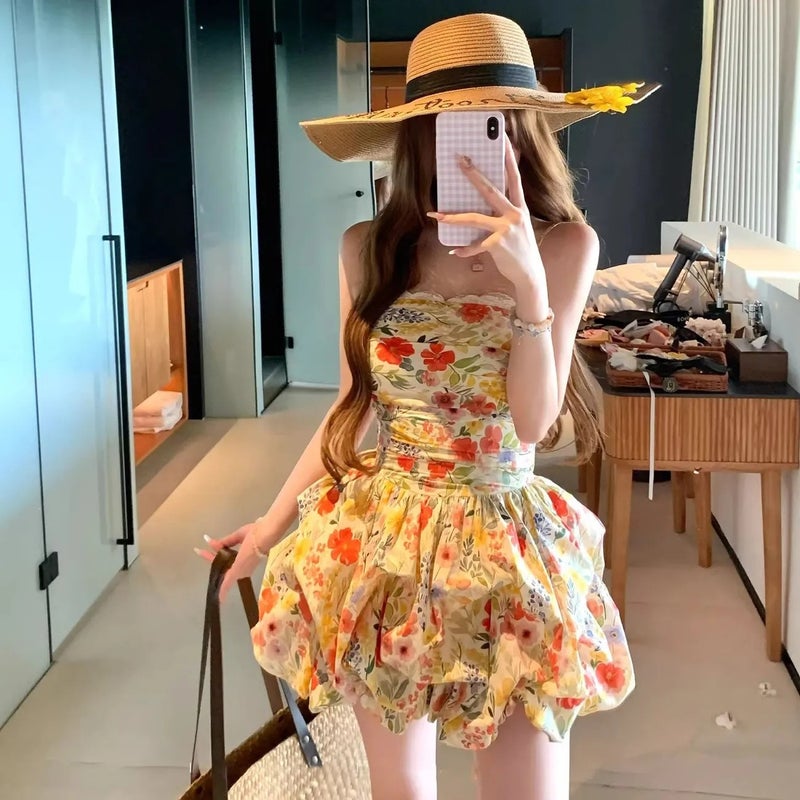 Summer Floral Print Off-Shoulder High-Waist Balloon Mini Dress for Women - Image 1