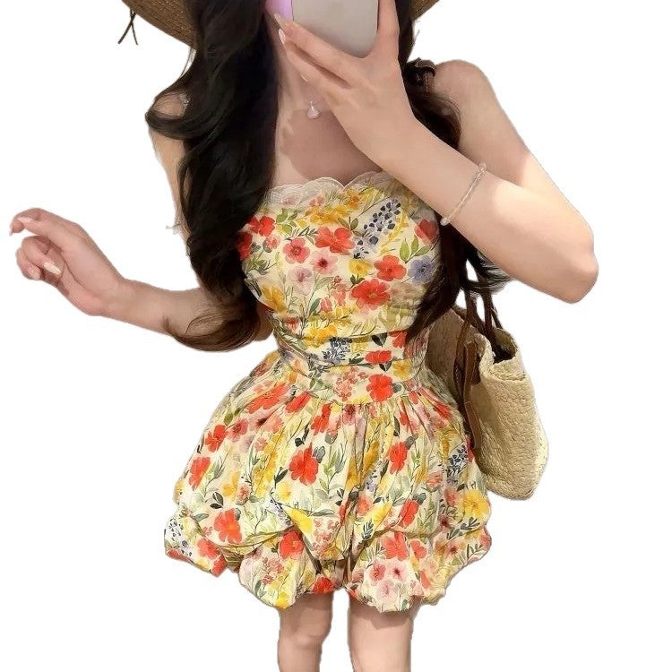 Summer Floral Print Off-Shoulder High-Waist Balloon Mini Dress for Women - Image 5