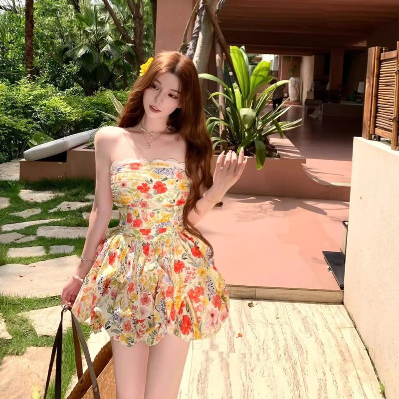 Summer Floral Print Off-Shoulder High-Waist Balloon Mini Dress for Women - Image 2