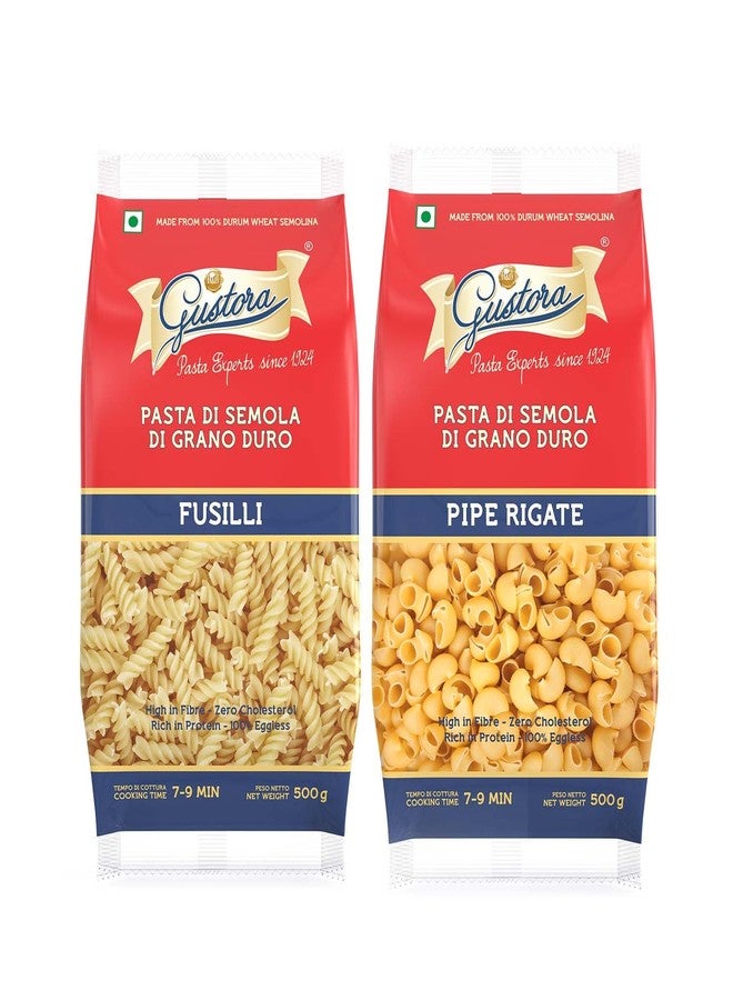 Gustora Healthy Fusilli & Pipe Rigate Pasta Combo Made Of Durum Wheat Semolina I Rich In Protein & Fibre I Zero Cholesterol I Vegetarian I No Trans - Fat I Cooking Time 10 Min - (500 Gm X 2) - Image 1