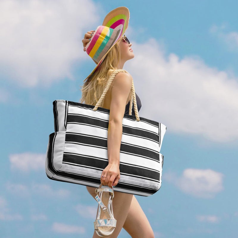 Becokan Large Beach Tote Bag - Waterproof Sandproof Swim Pool Bag - Black Stripe - Women's Unisex Adult - Canvas Utility Beach Gym Travel Shop Groceries Tote - Image 2